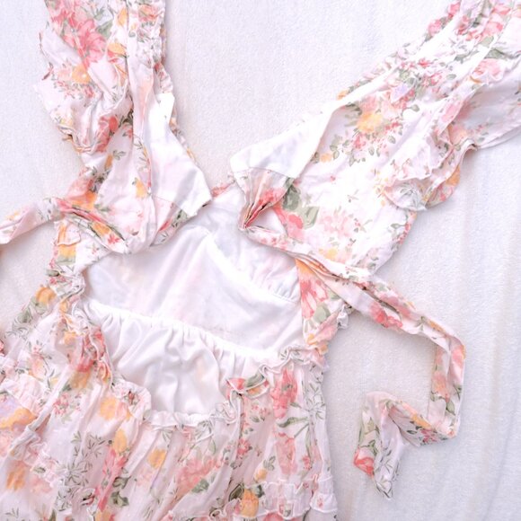 NWT Altar'd State ivory/multicolored floral back bow tight mini dress size L - Picture 5 of 6